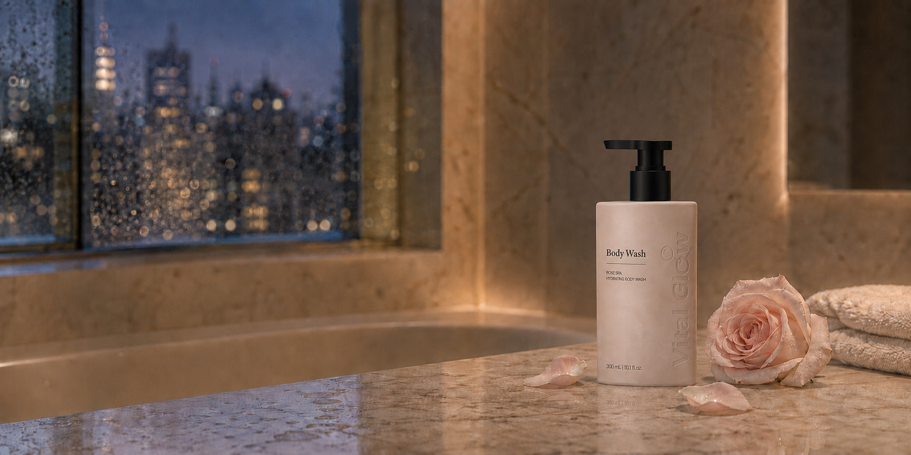 Vital Glow Lychee Rose Body Wash in a warm evening bath setting